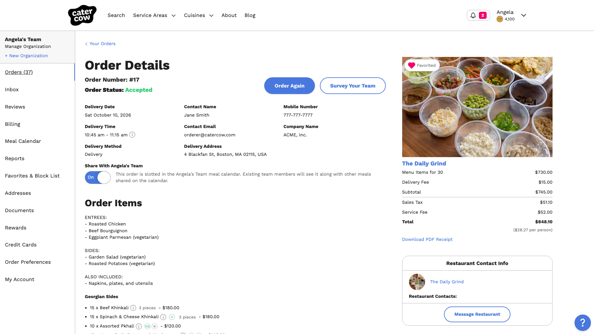 The order page showing the order number, status, delivery details, and the Order Again button