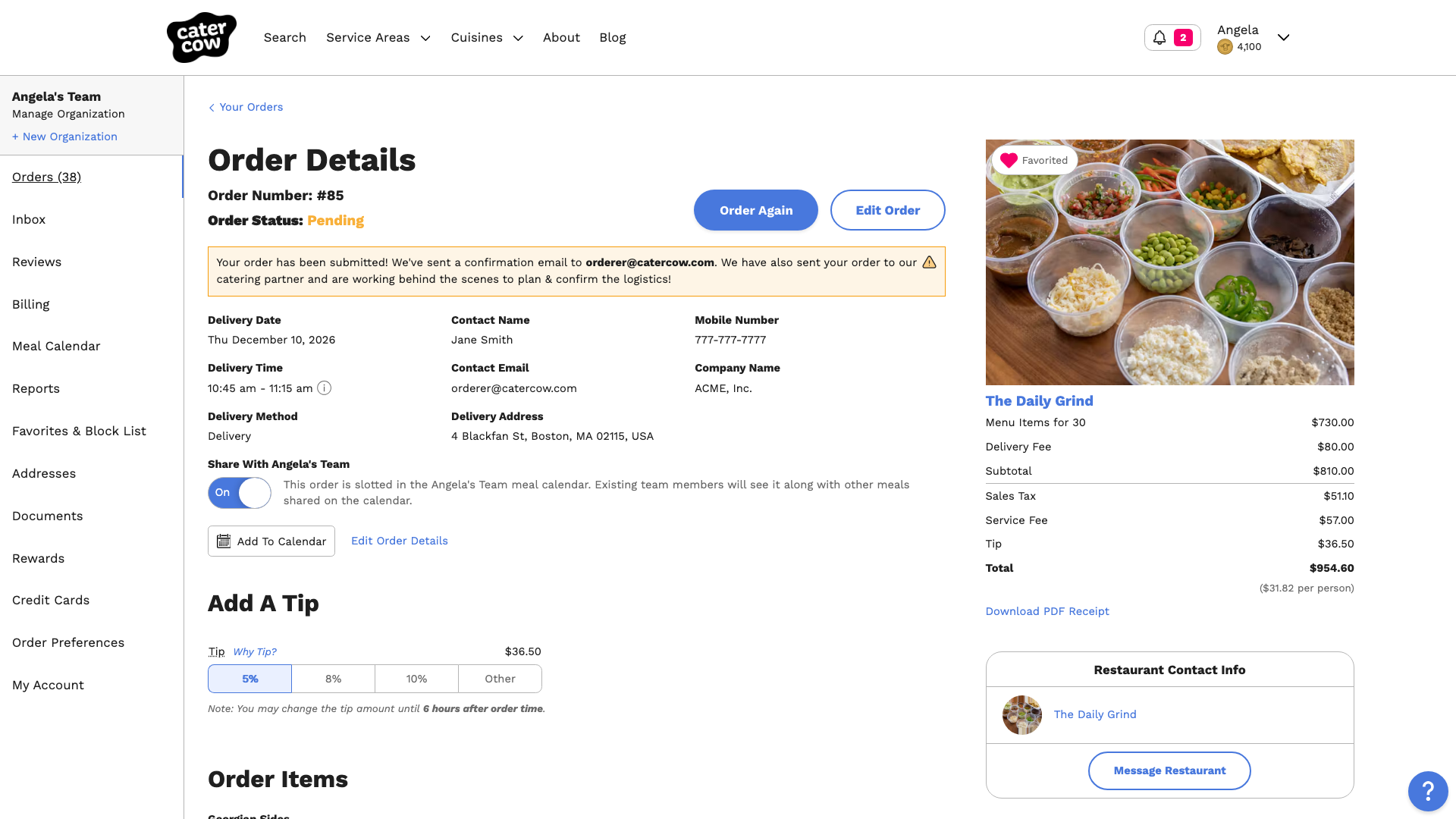 The new order’s page showing the status Pending and the new delivery date