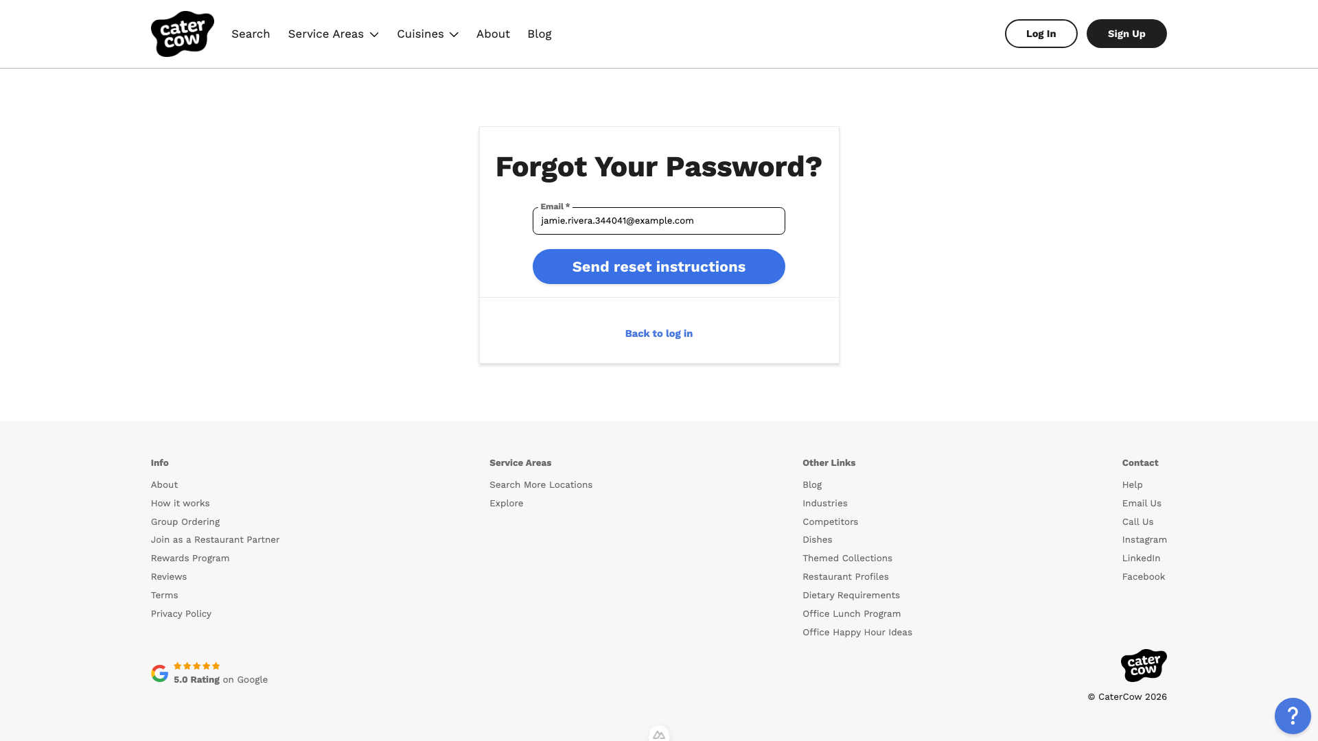 The Forgot Your Password? page with an email address entered above the Send reset instructions button