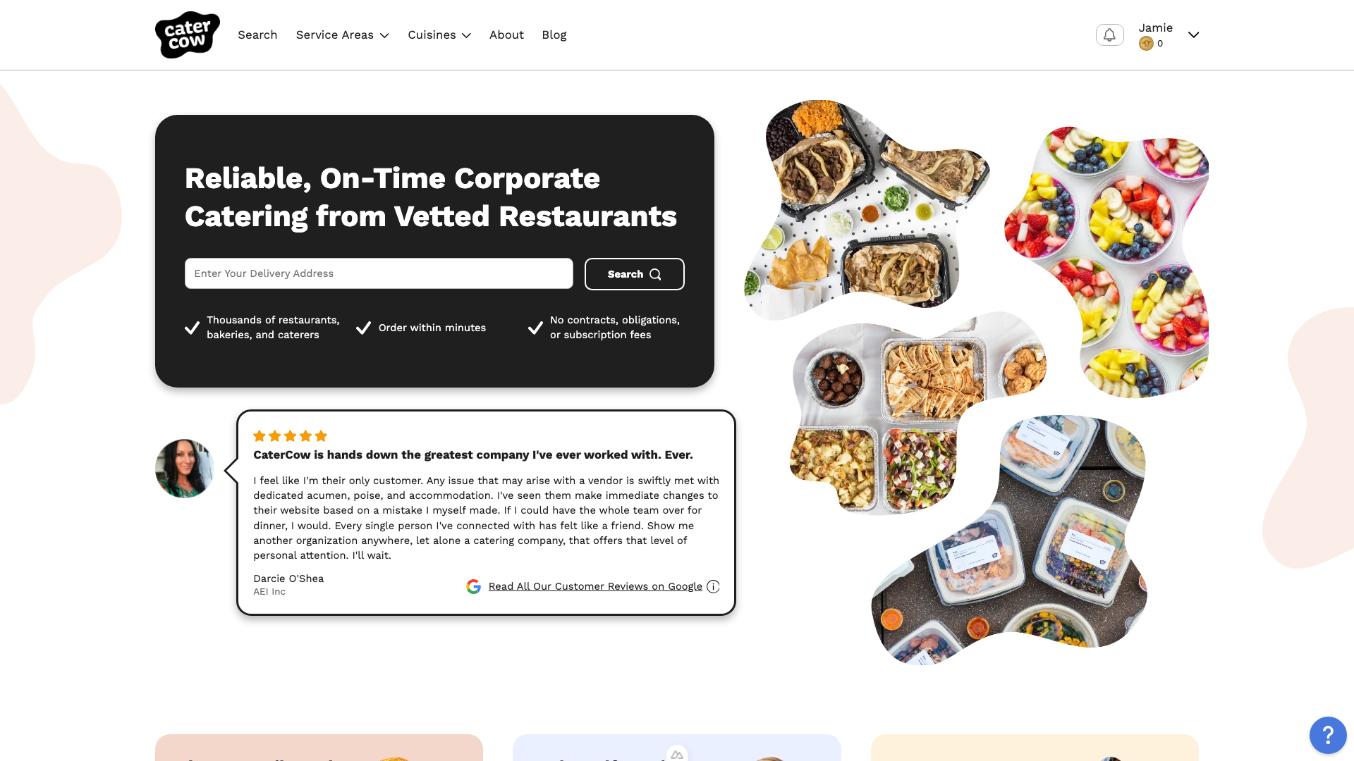 The CaterCow homepage after the reset, with the account’s first name shown at the top right