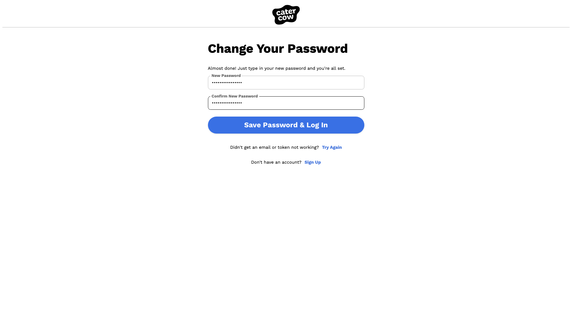 The Change Your Password page with the New Password and Confirm New Password fields filled in
