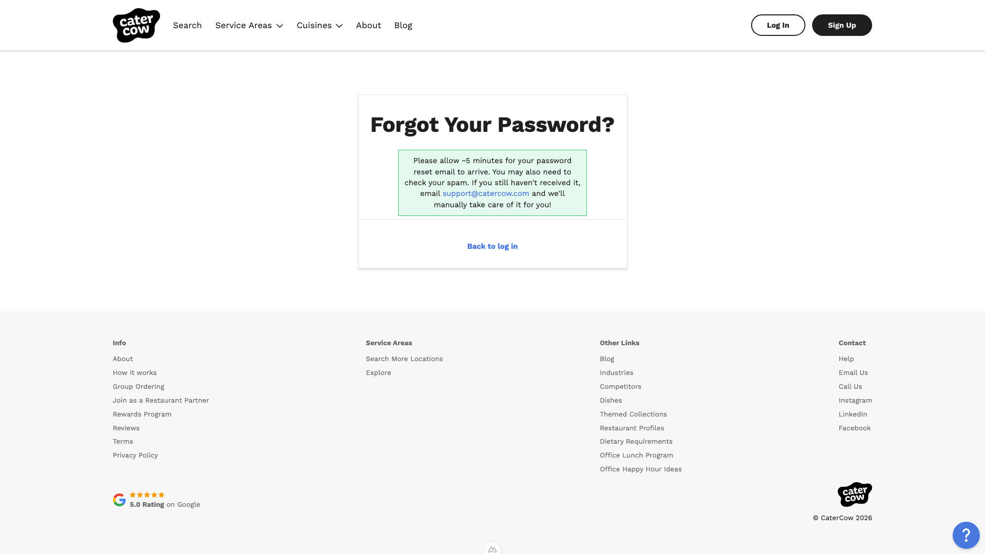 The Forgot Your Password? page showing a green message that the password reset email is on its way