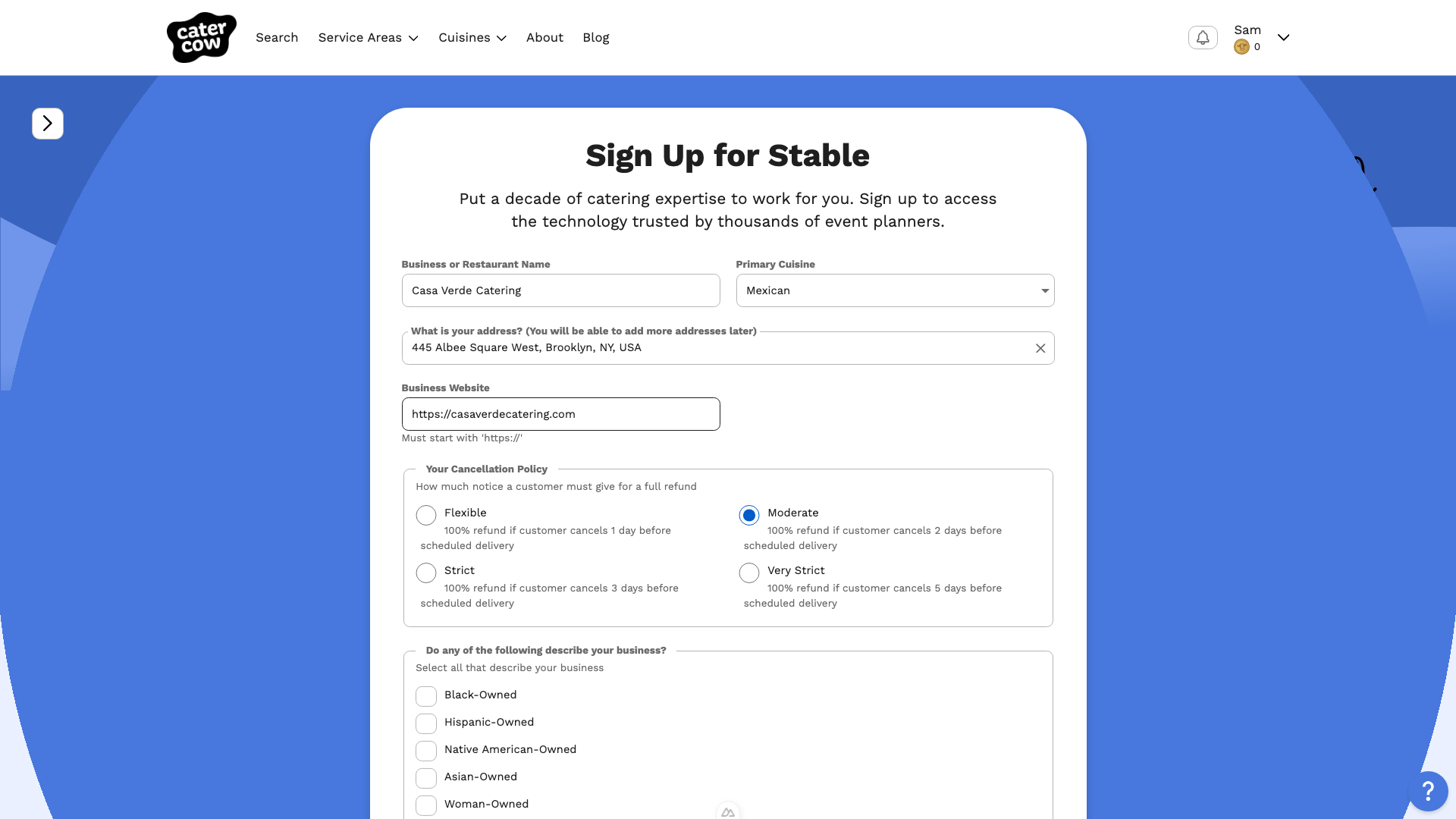 The Sign Up for Stable form with the business name, cuisine, address, website, and Moderate cancellation policy filled in