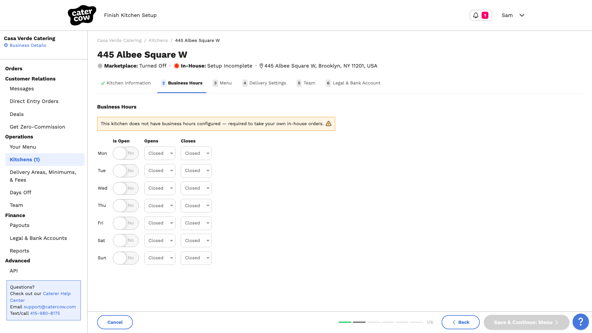 The kitchen setup page showing Marketplace: Turned Off, In-House: Setup Incomplete, and the setup tabs