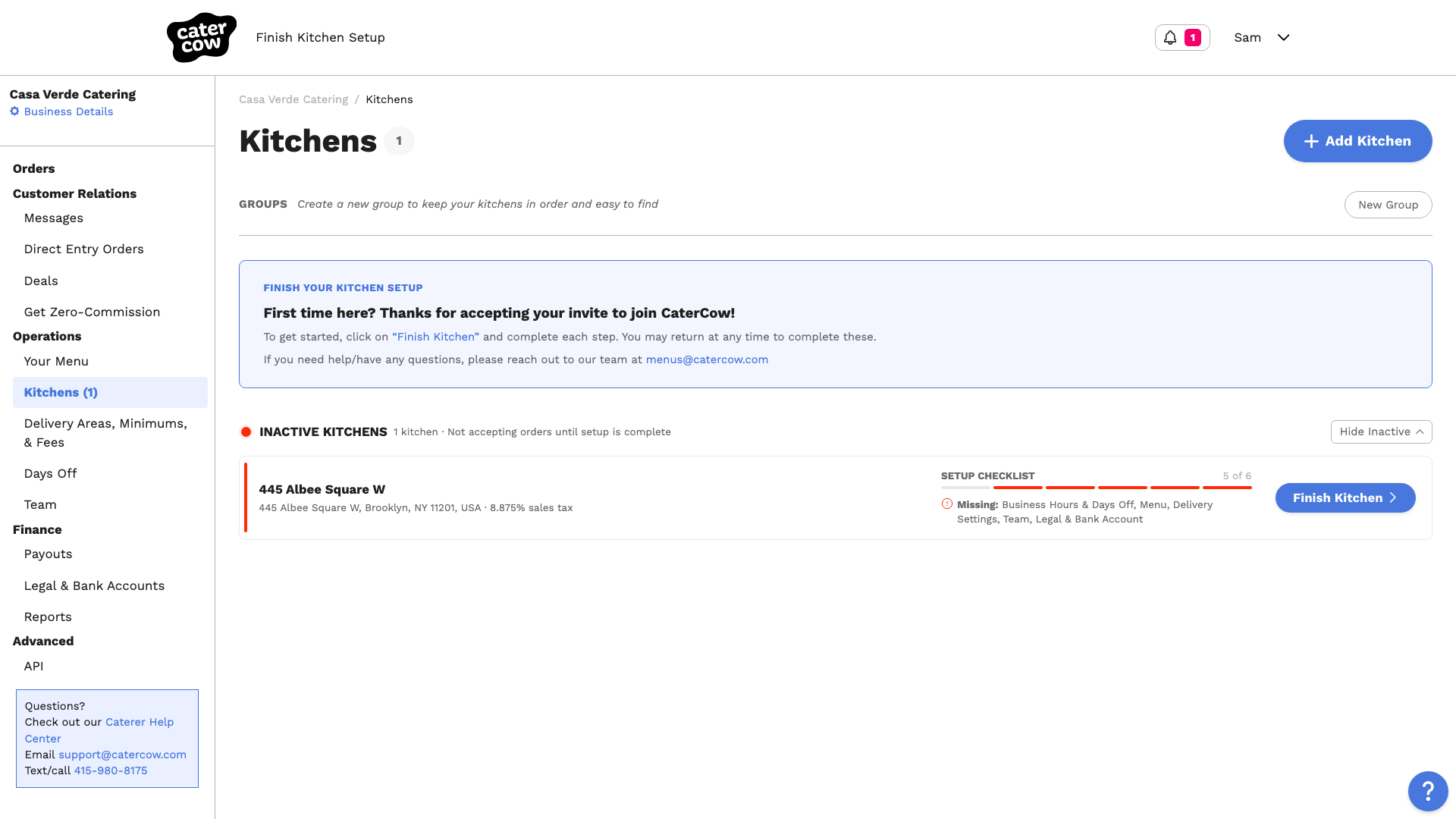 The Kitchens page with one inactive kitchen and its setup checklist showing the missing steps