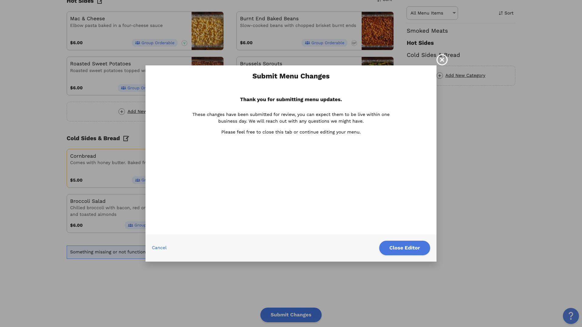 The Submit Menu Changes confirmation