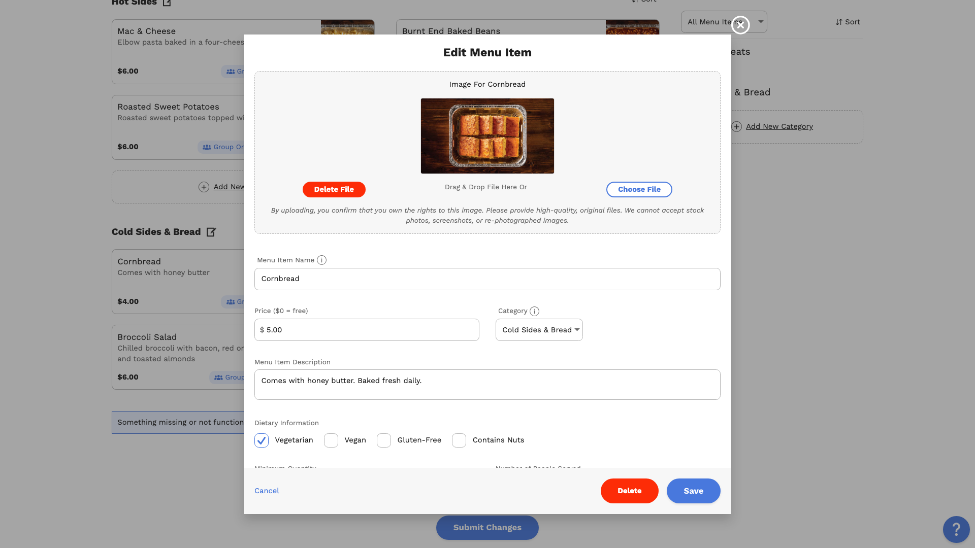 The Edit Menu Item window with a new price and description