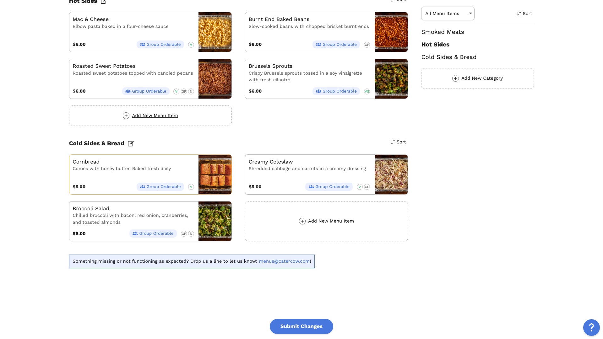 The menu editor with the edited cornbread outlined in yellow, waiting for review