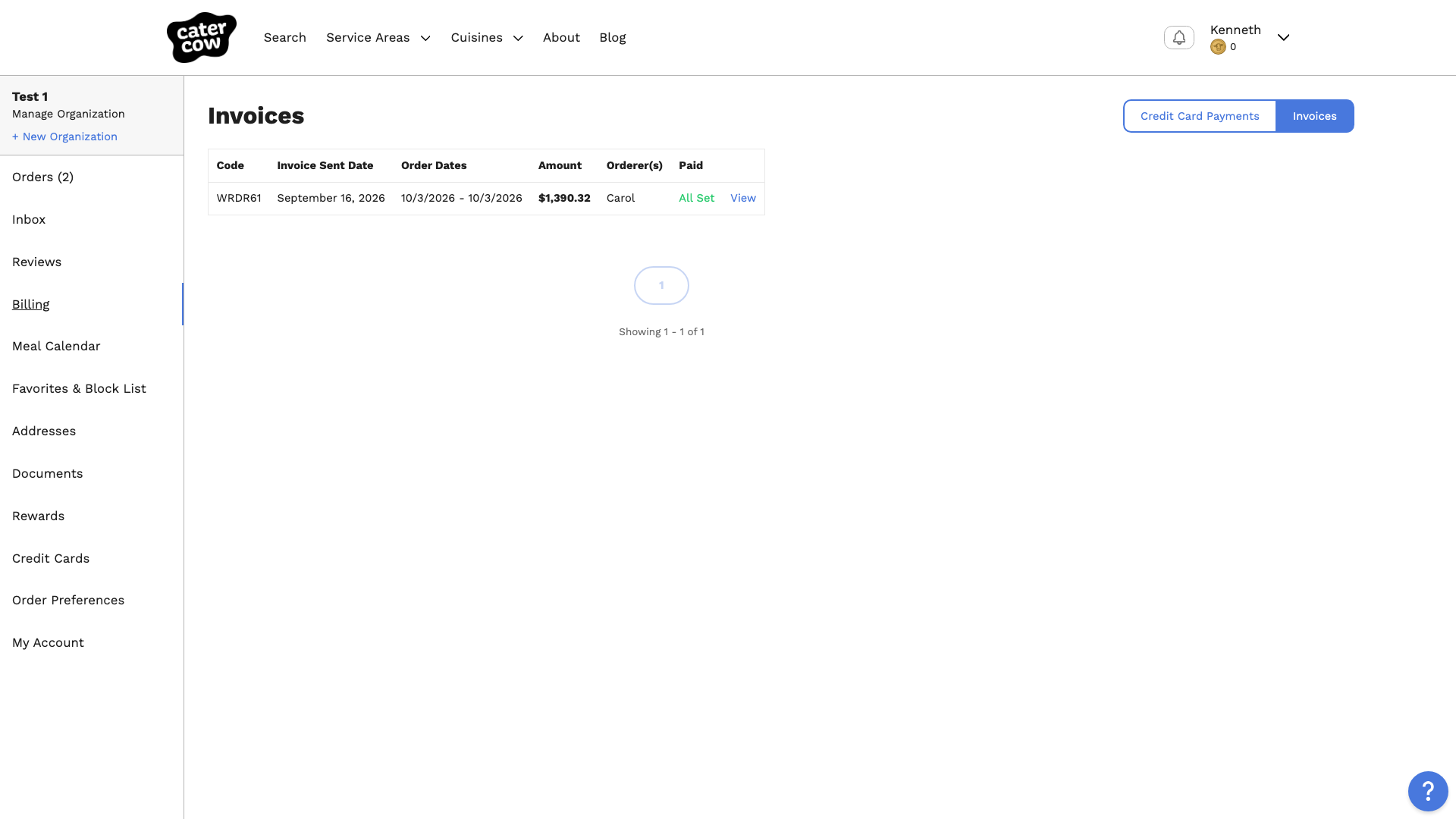 The Billing page’s Invoices view listing one invoice with its sent date, order dates, amount, orderer, All Set status, and a View link