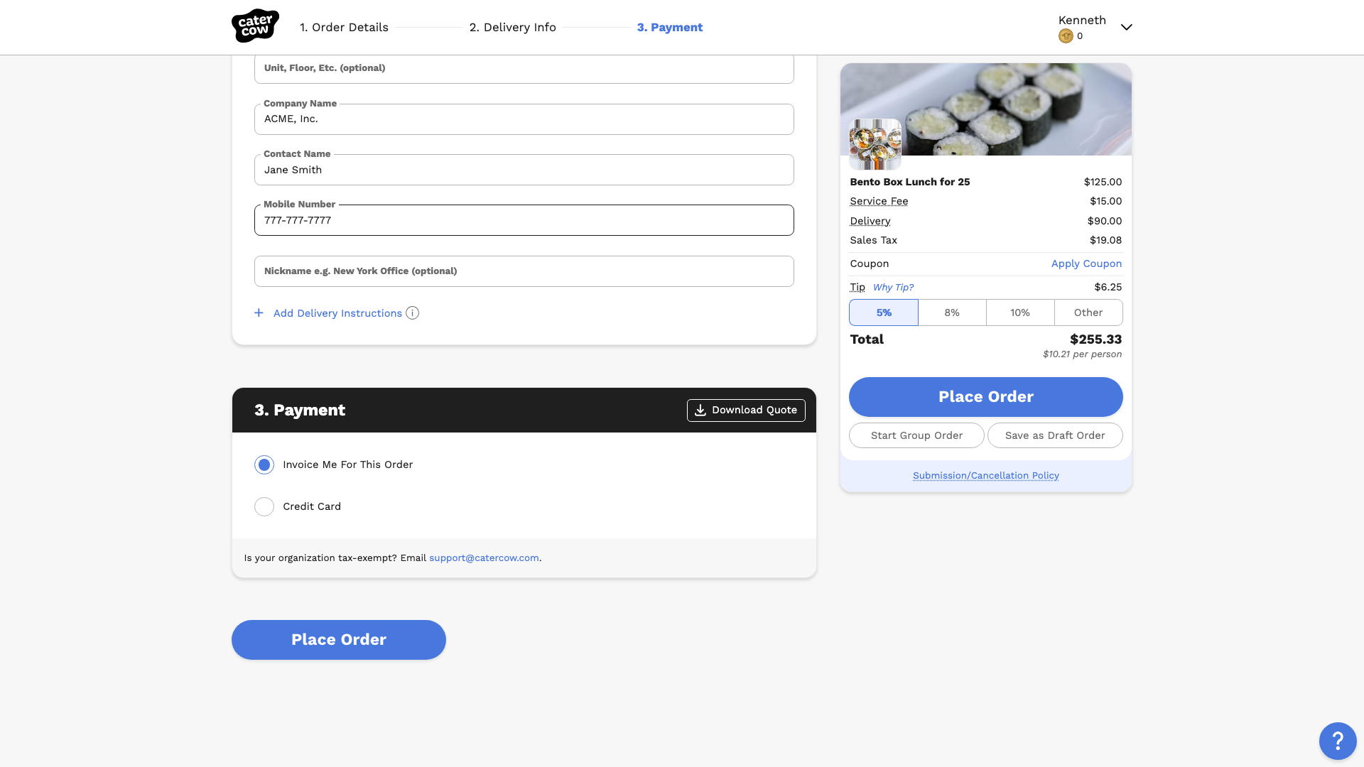The checkout Payment section with Invoice Me For This Order selected and Credit Card as the second option