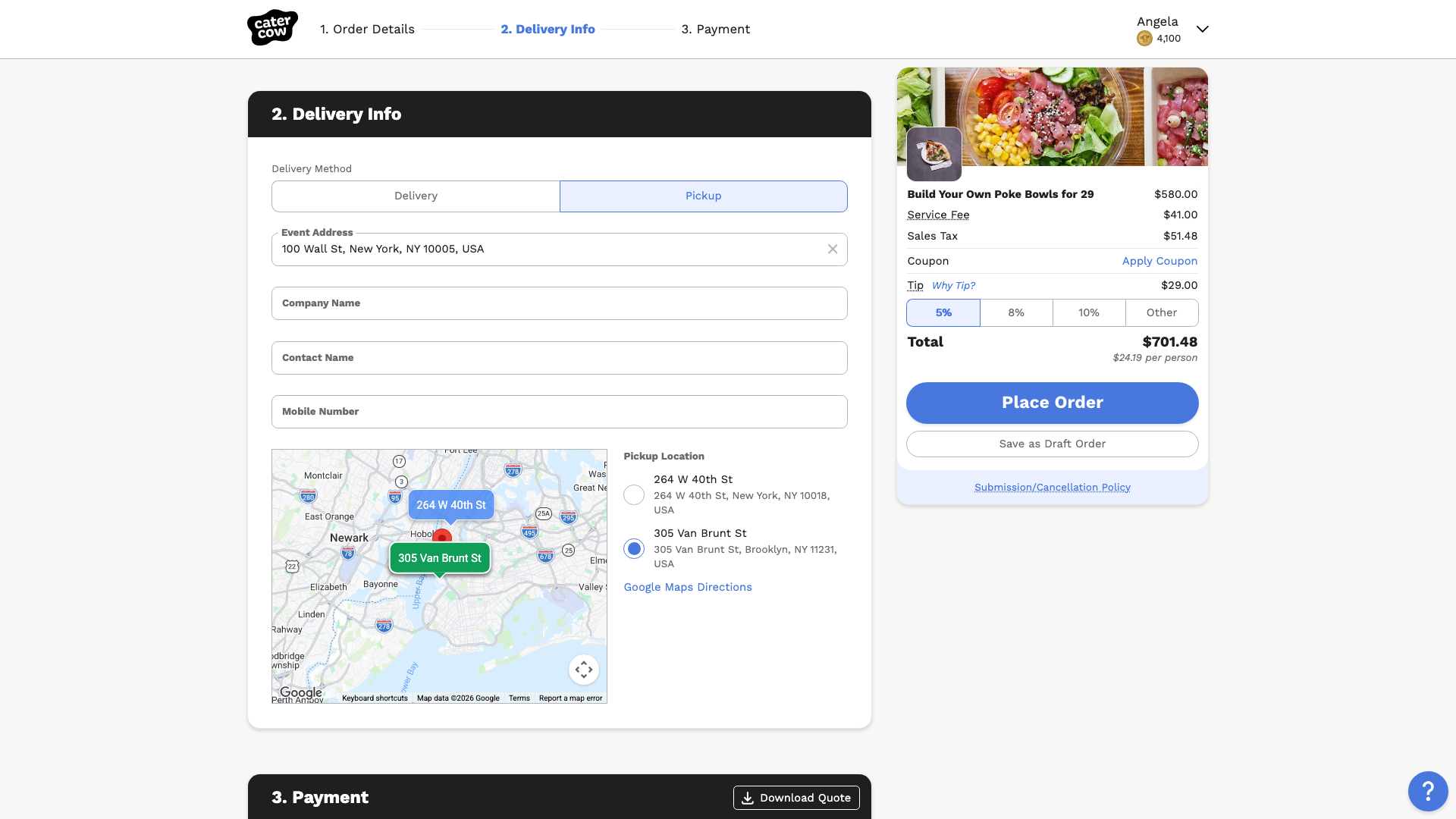 The Delivery Info section at checkout with Pickup selected, a map of the restaurant’s locations, and the Pickup Location list