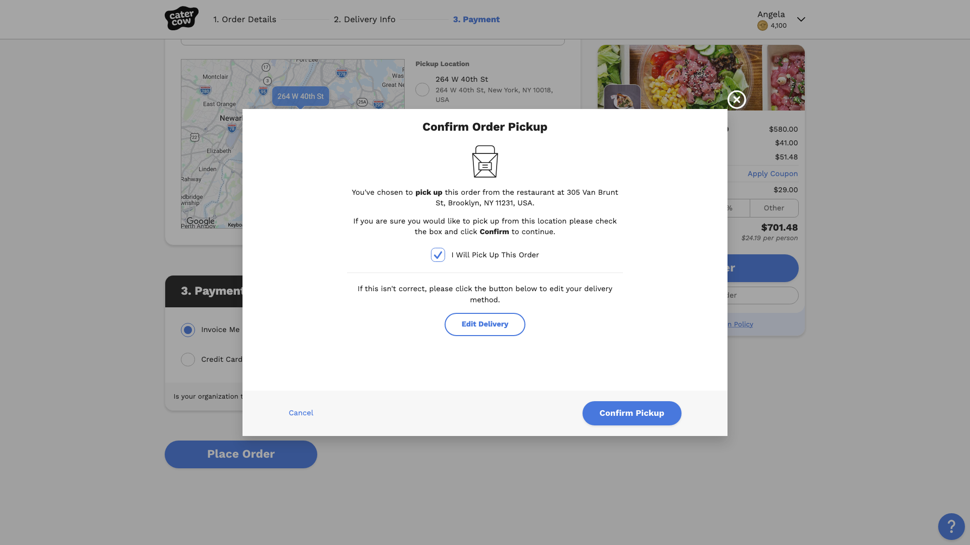 The Confirm Order Pickup popup with the I Will Pick Up This Order box checked