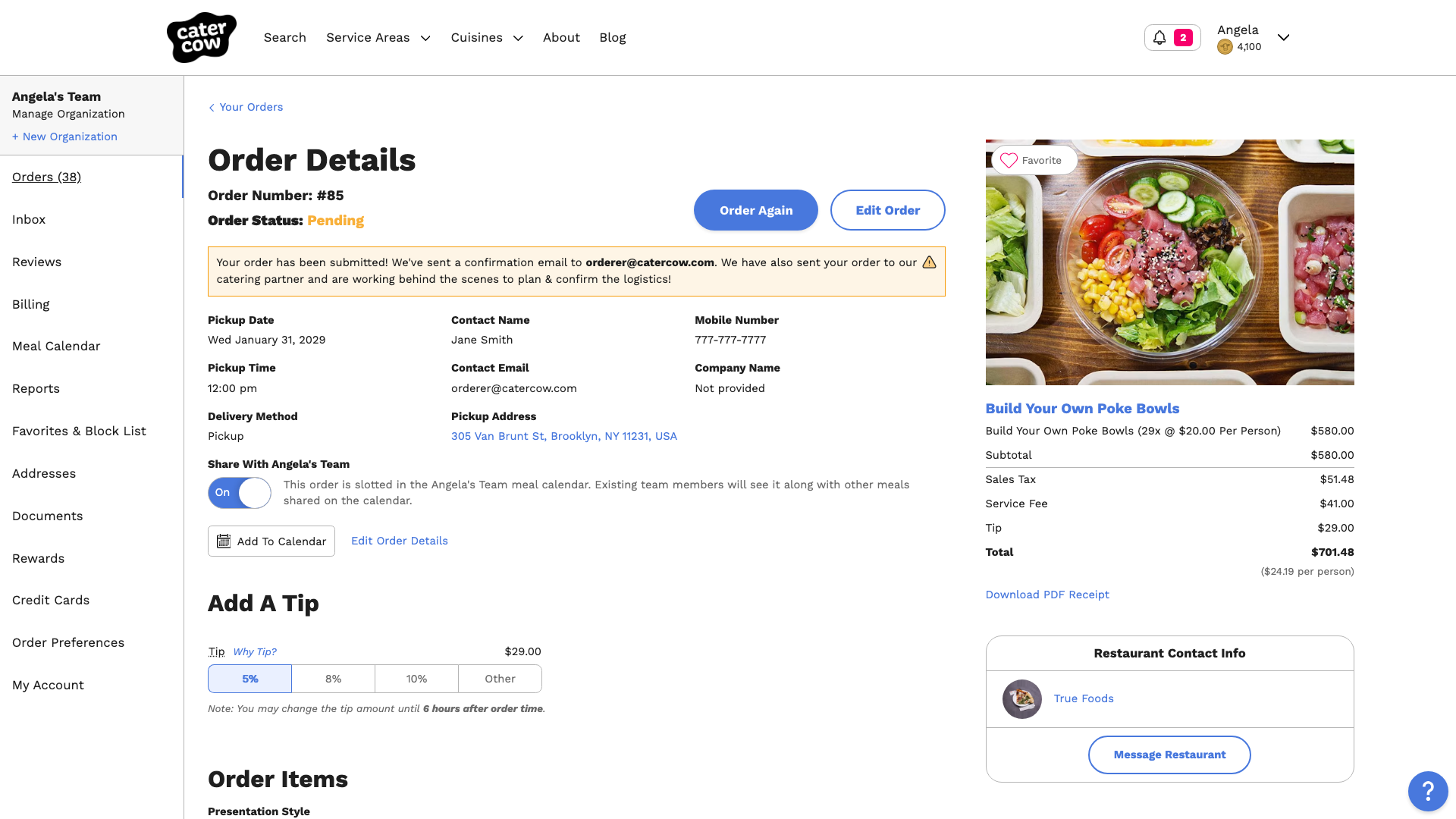 An Order Details page showing the Pickup Date, Pickup Time, Delivery Method, and Pickup Address