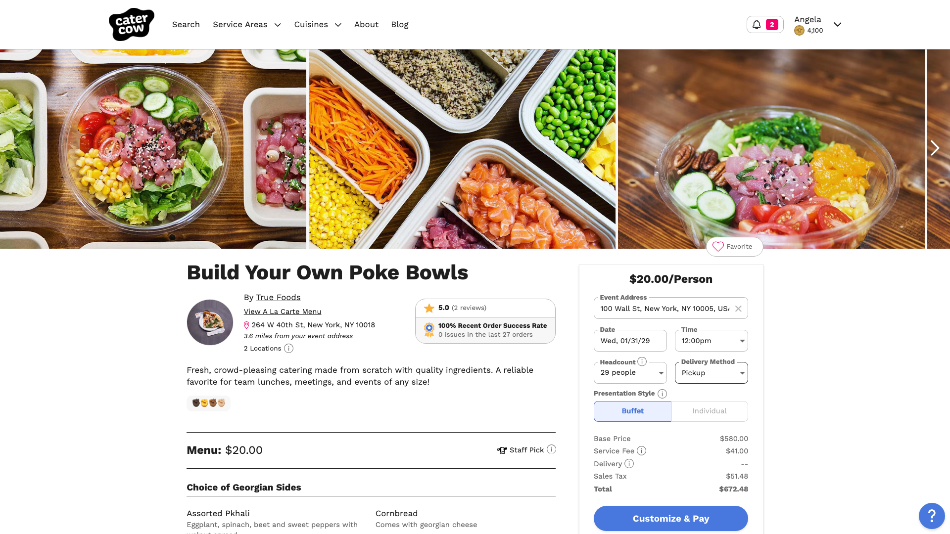 A package page with Delivery Method set to Pickup and no delivery fee in the price summary