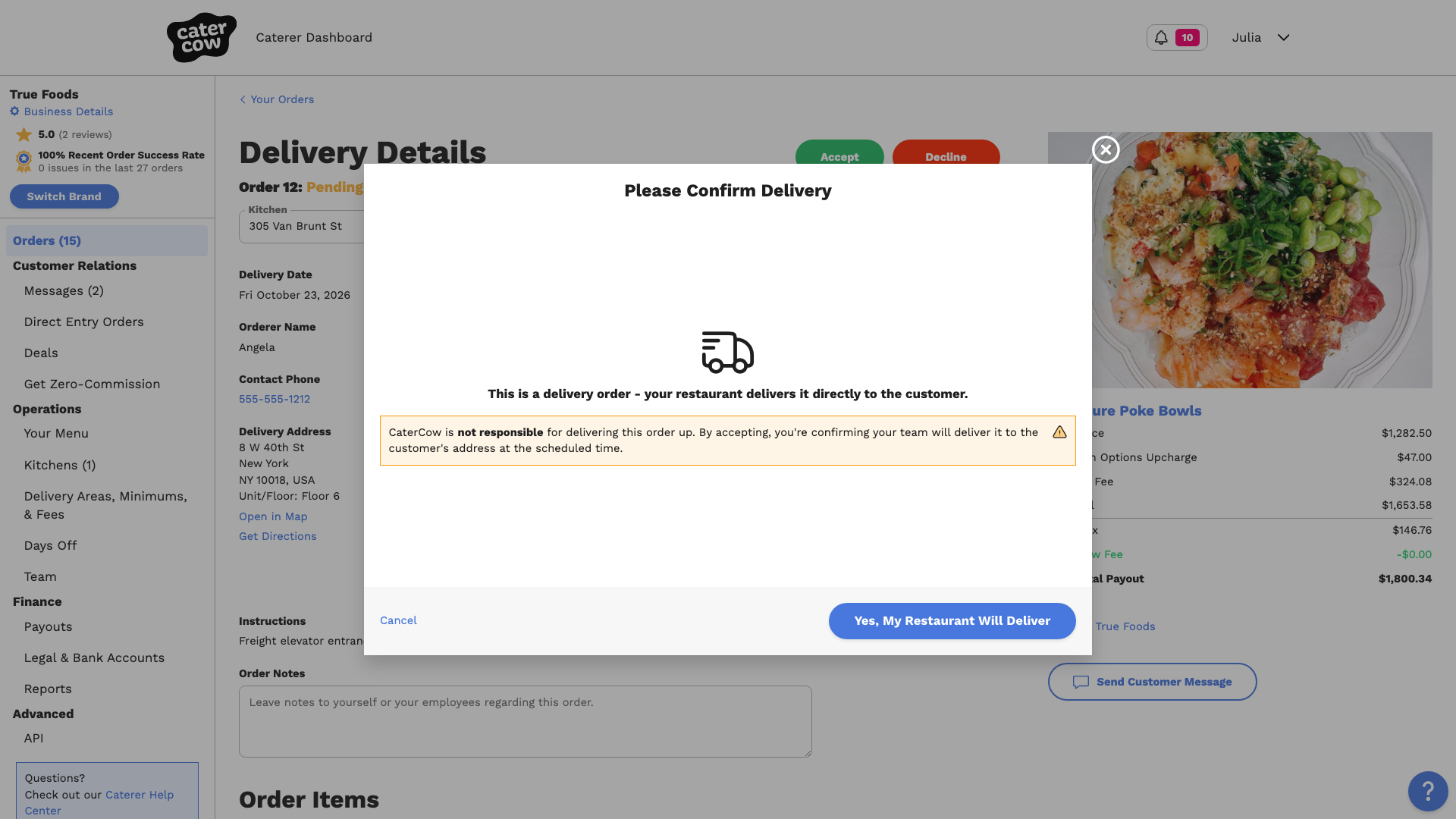 The Please Confirm Delivery popup with the Yes, My Restaurant Will Deliver button