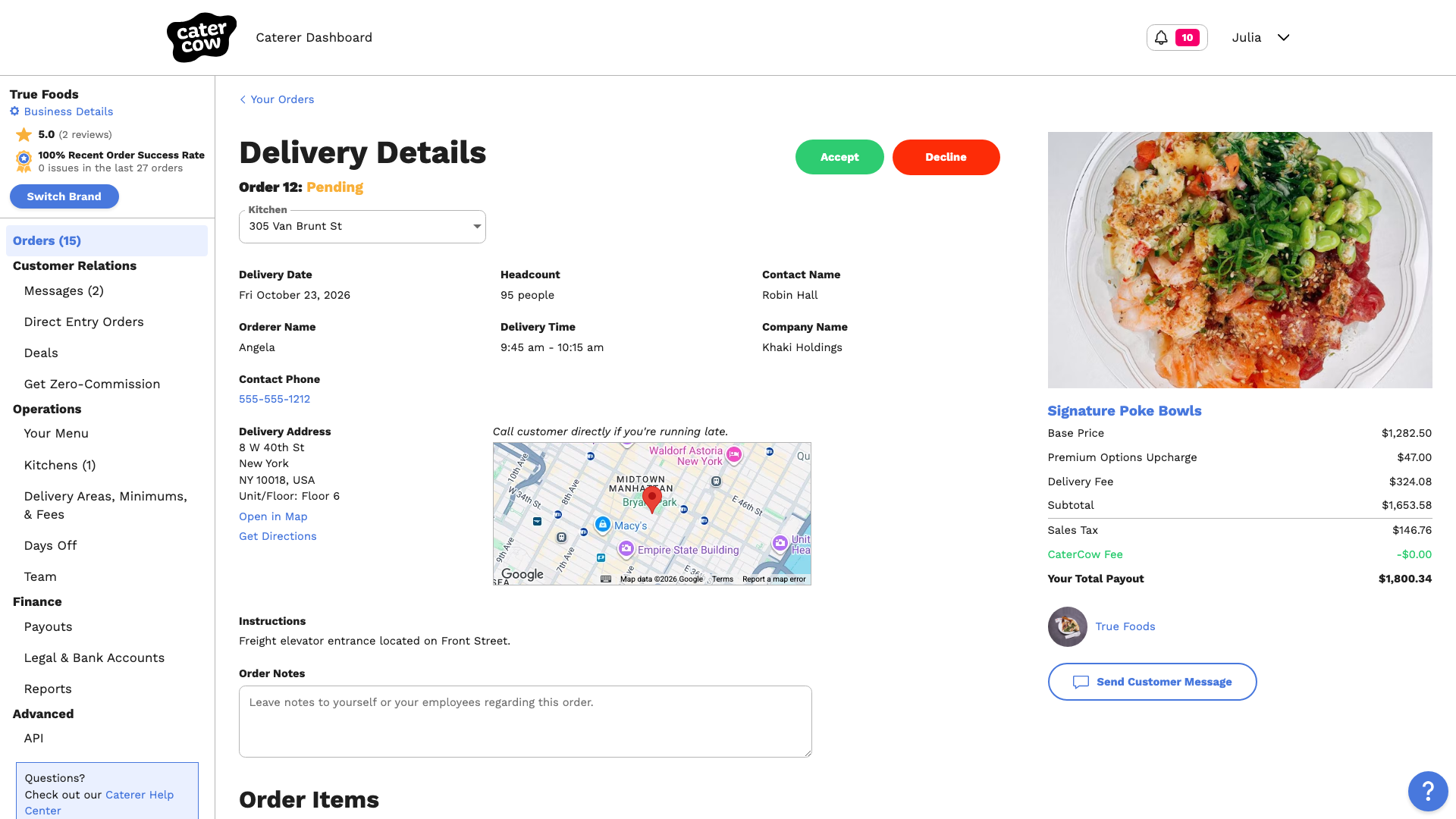 The order page showing delivery details, payout, and the Accept and Decline buttons
