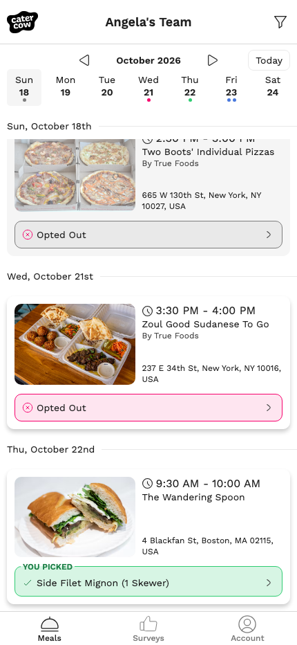 The meal calendar with a group order tile showing the meal you picked