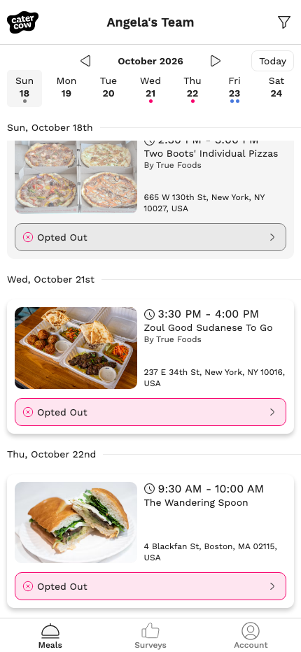 The meal calendar with the day’s tile marked Opted Out