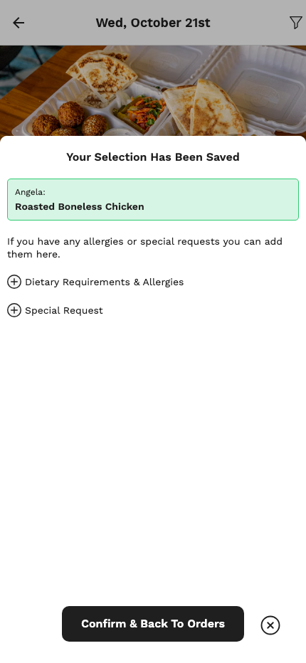 The confirmation that your selection has been saved, with options to add food allergies or a special request