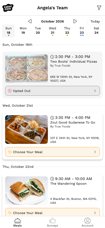 The meal calendar with a group order tile marked Choose Your Meal