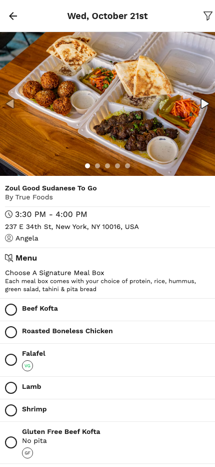 The menu for one day, listing each meal option to choose from