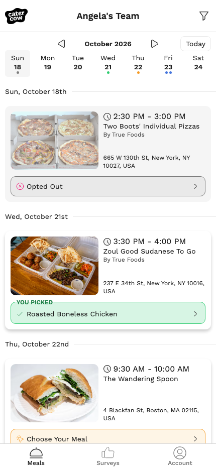 The meal calendar with the day’s tile marked YOU PICKED and the name of the chosen meal