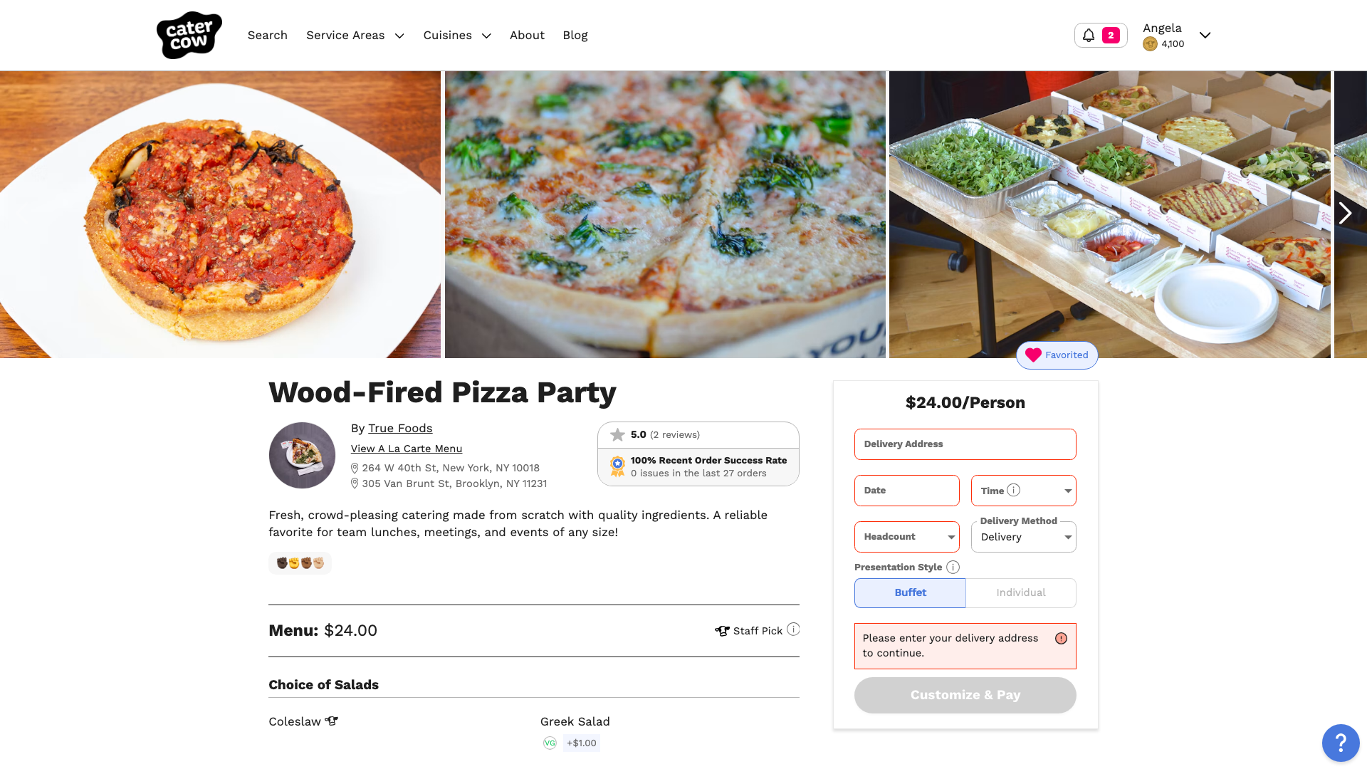 The Favorite button below the photos on a menu page, shown in the Favorited state