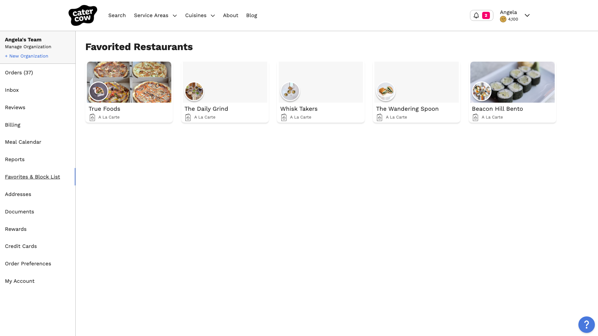 The Favorites page listing favorited restaurants