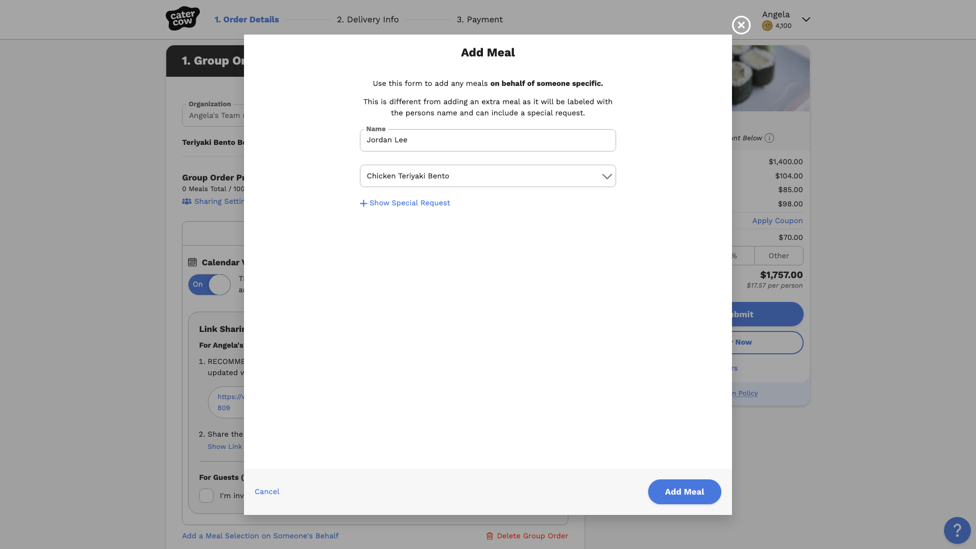 The Add Meal popup with a name entered and a meal selected