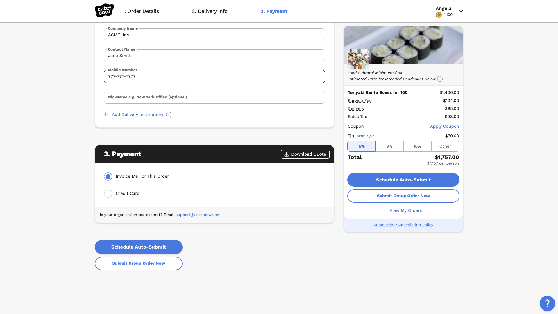 The Payment section of checkout with the Schedule Auto-Submit and Submit Group Order Now buttons
