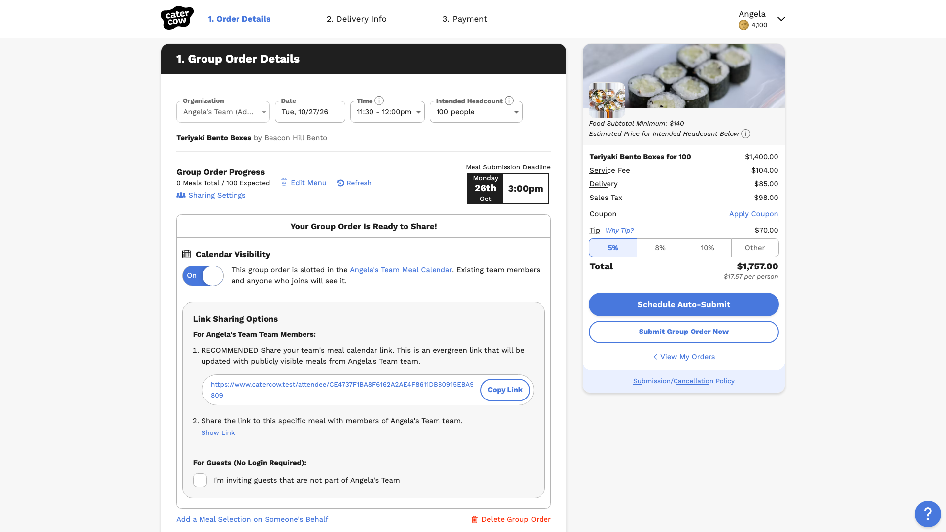 The group order page reading Your Group Order Is Ready to Share, with the Copy Link button
