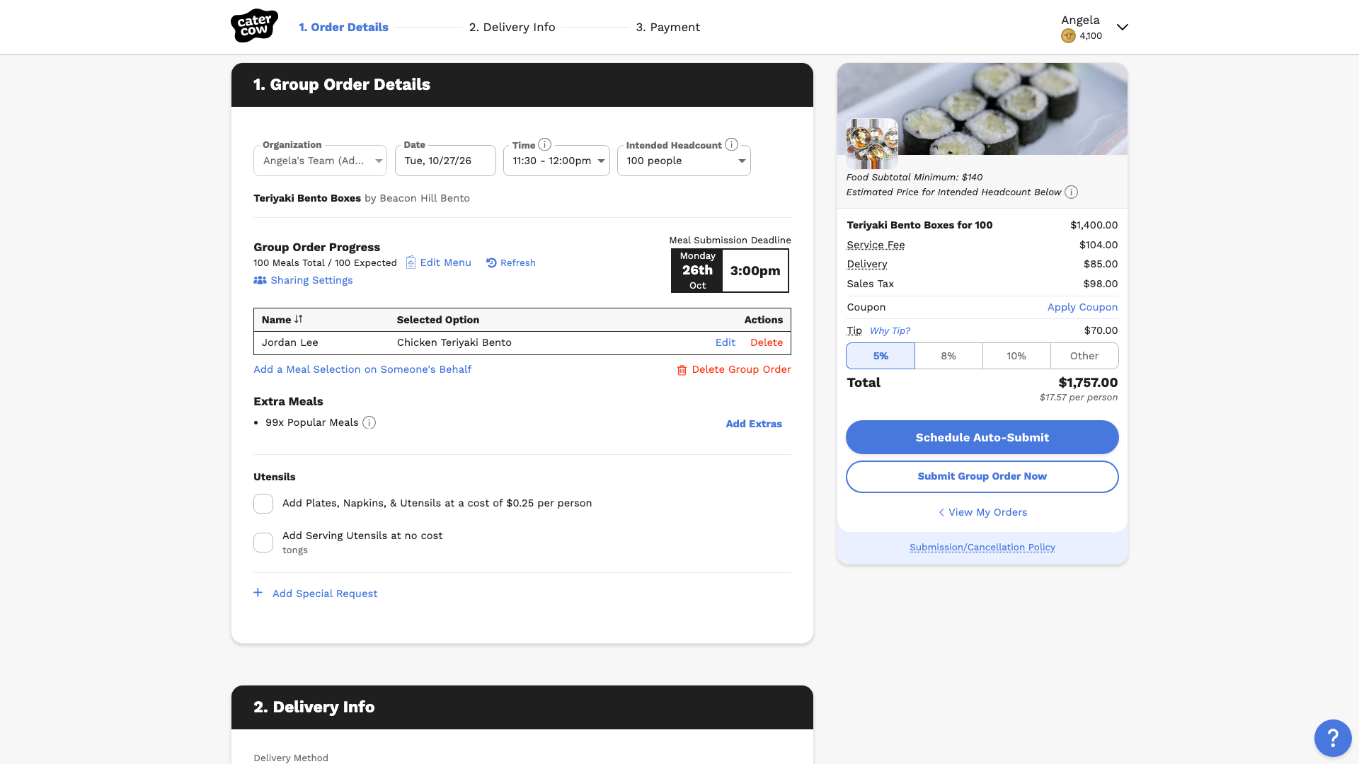 The group order page showing Group Order Progress at 100 meals of 100 expected, one teammate’s meal selection in the responses table, and 99 extra popular meals