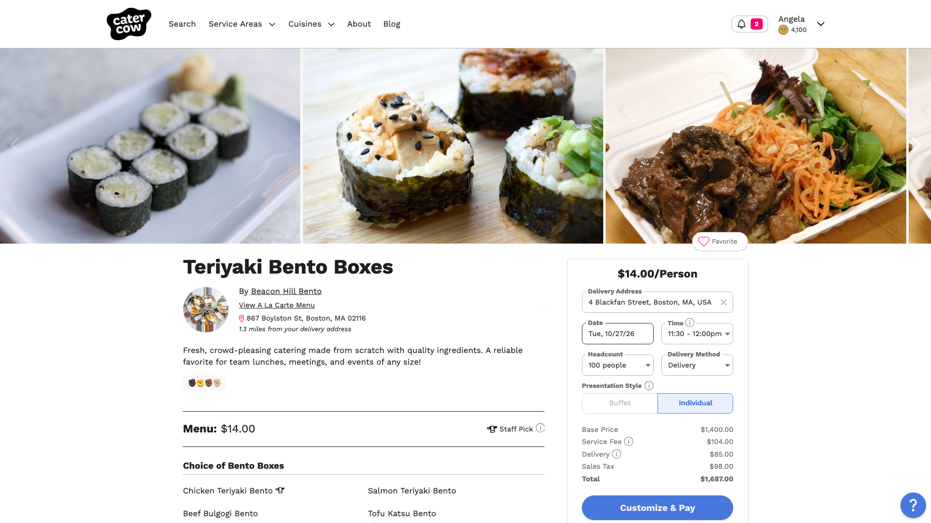 The menu page with a delivery address, date, time, and headcount filled in, and the Start Group Order button