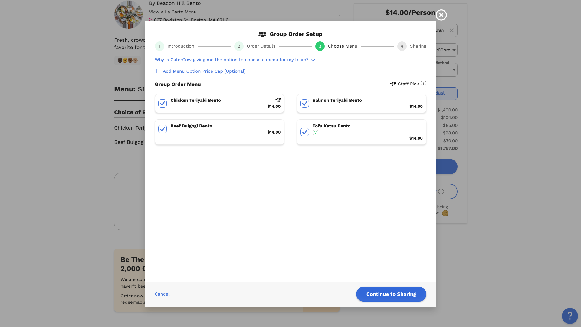 The Choose Menu step with each menu option checked