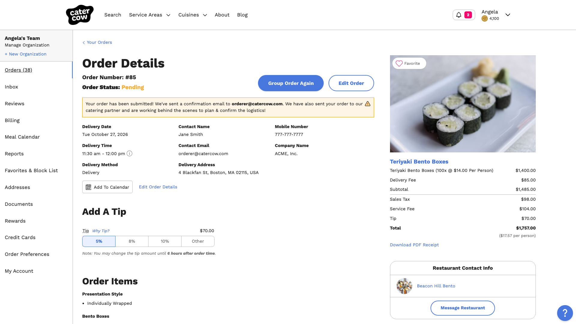 The order page showing the status Pending