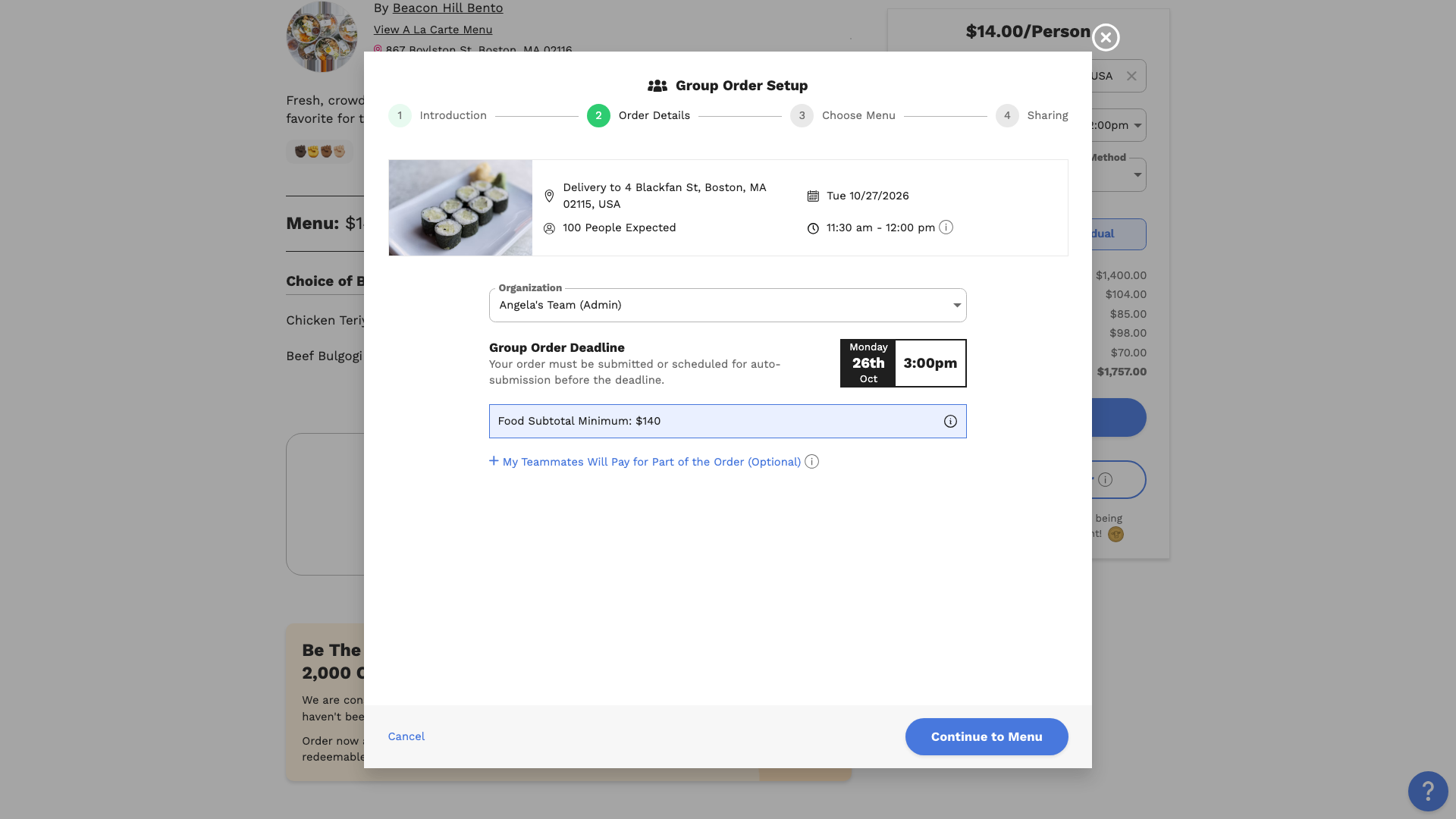The Order Details step of Group Order Setup, showing the organization, the group order deadline, the food subtotal minimum, and the My Teammates Will Pay for Part of the Order (Optional) option