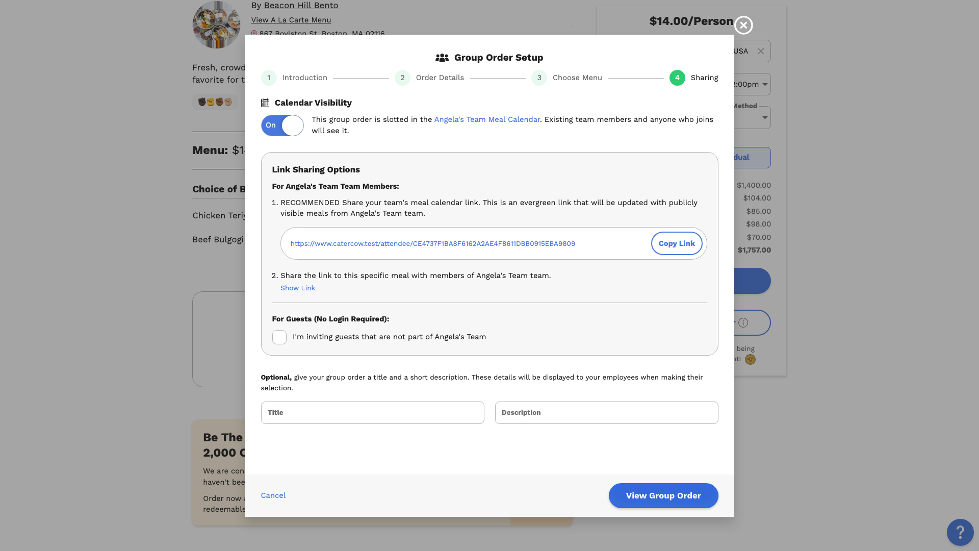 The Sharing step with Calendar Visibility, link sharing options, and optional title and description fields