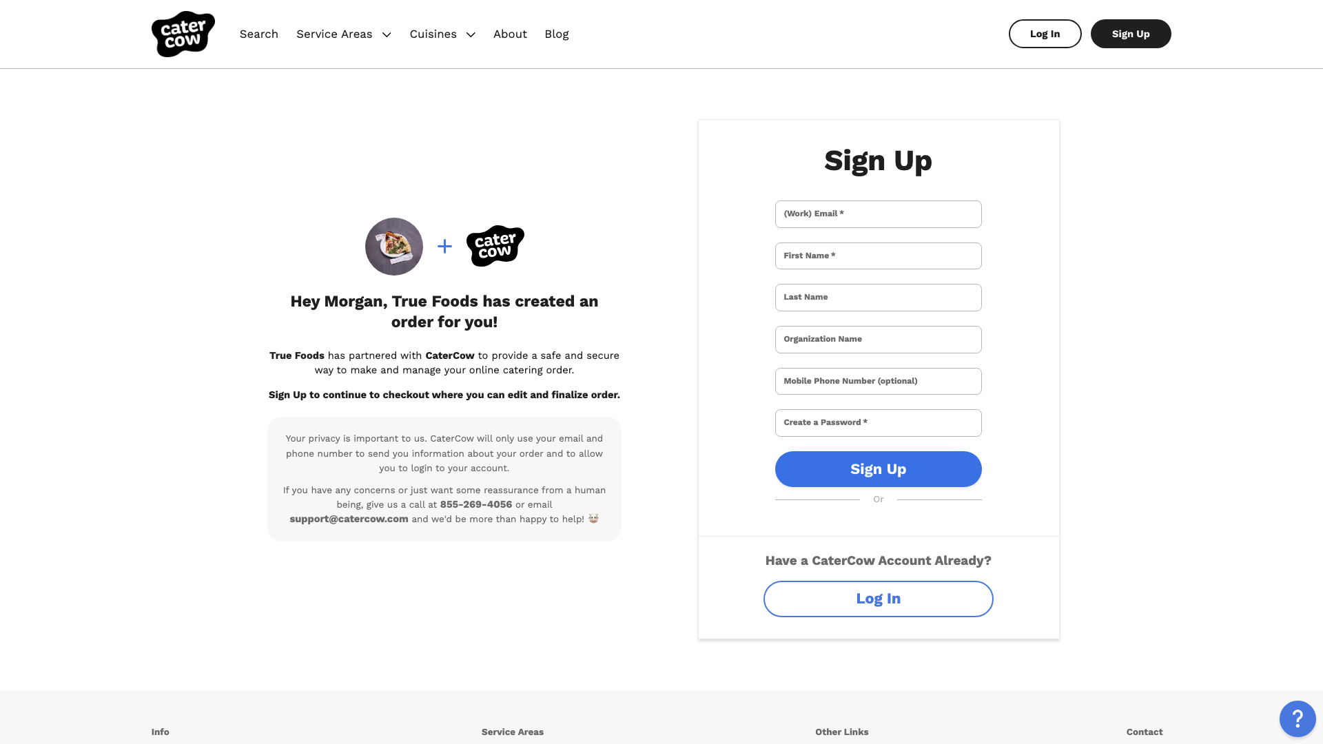 The claim page greeting the customer by name and naming the restaurant that created the order, next to a sign-up form