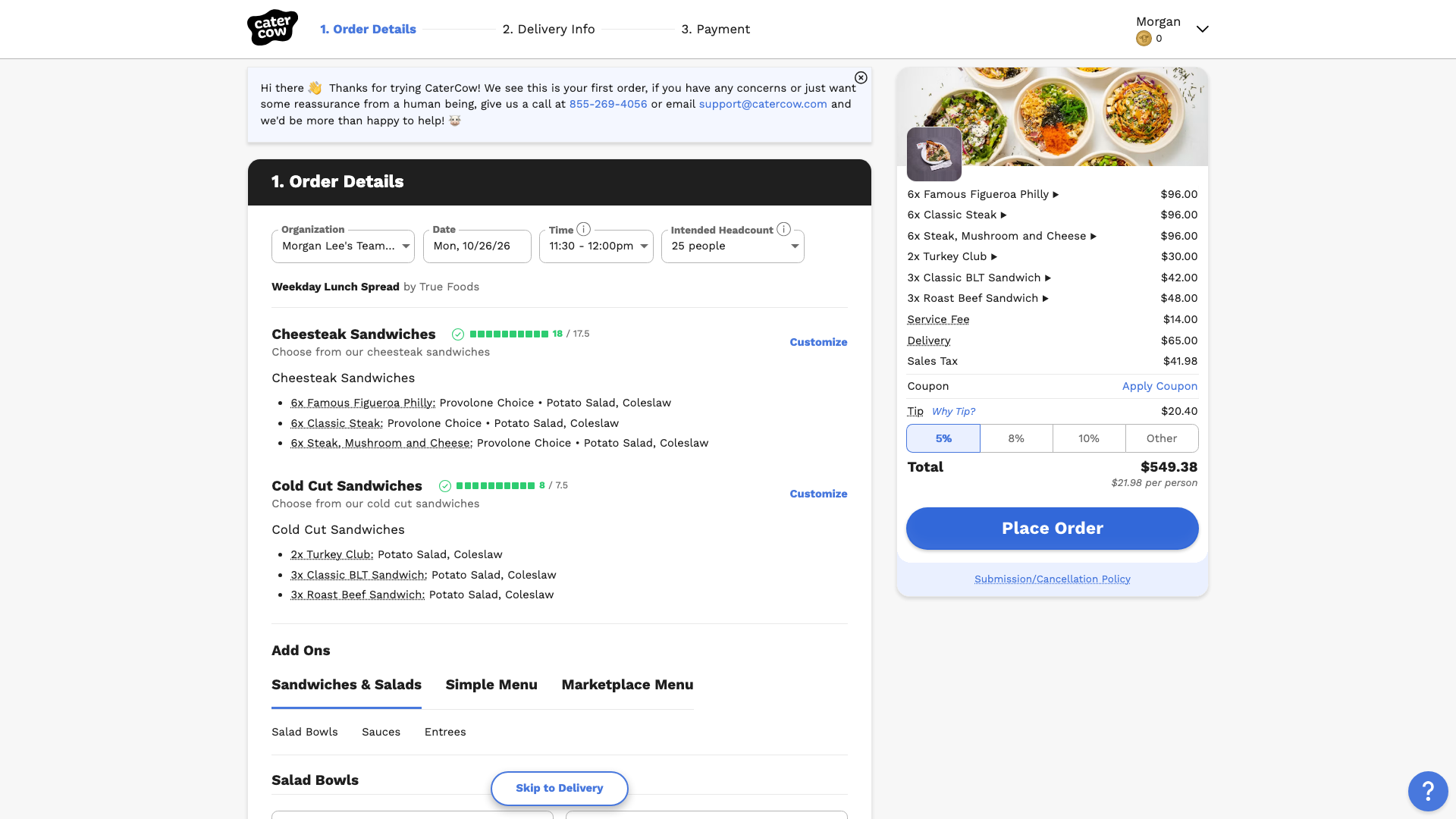 Checkout for the claimed order, showing the new organization, the date, the headcount, the menu, and the Place Order button