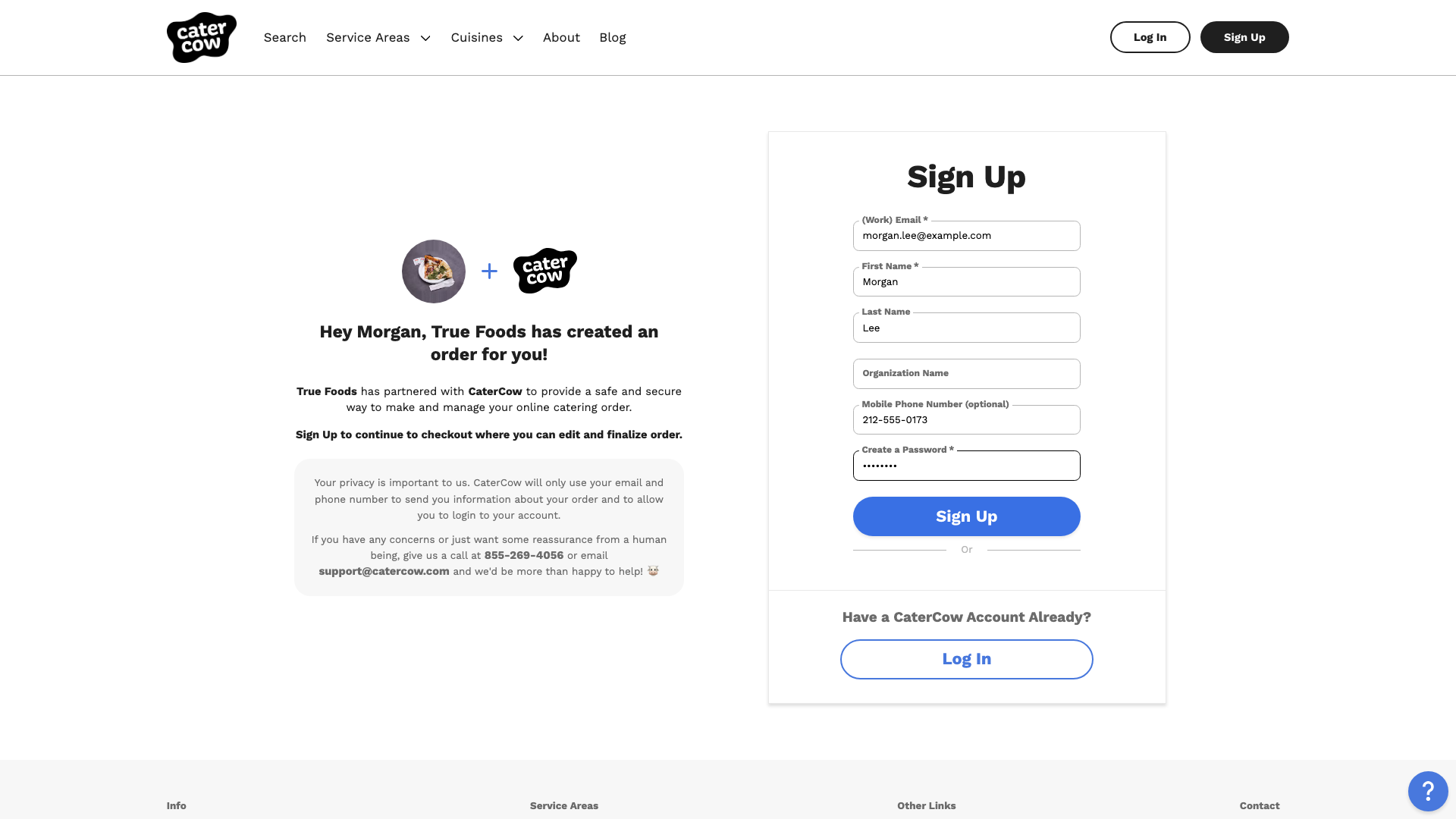 The sign-up form filled in with an email, first and last name, phone number, and password
