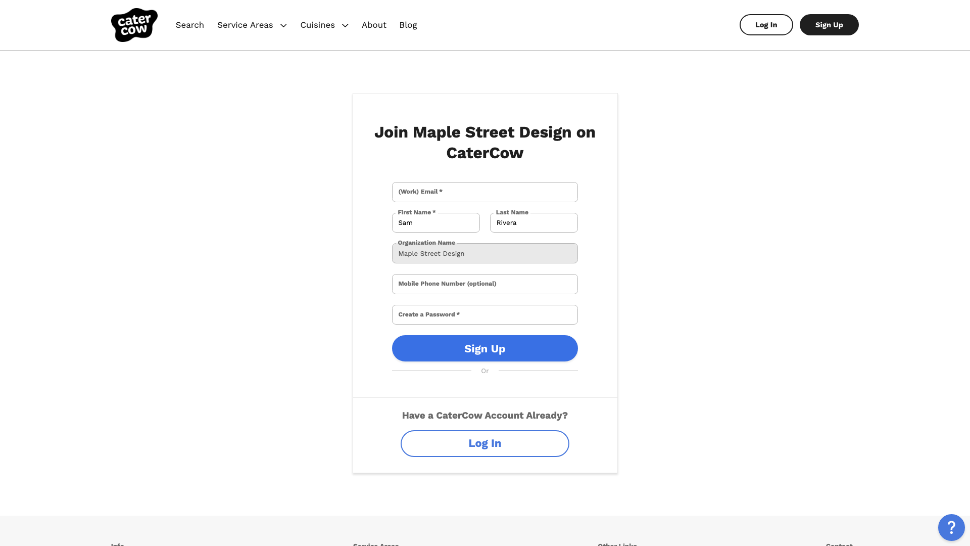 The Join Maple Street Design on CaterCow page, with a sign-up form and a Log In button below it