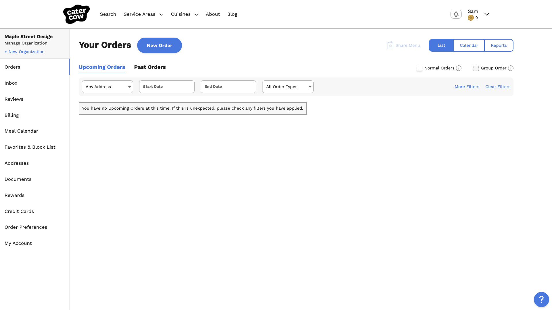The organization’s orders page, with the organization’s name at the top of the sidebar