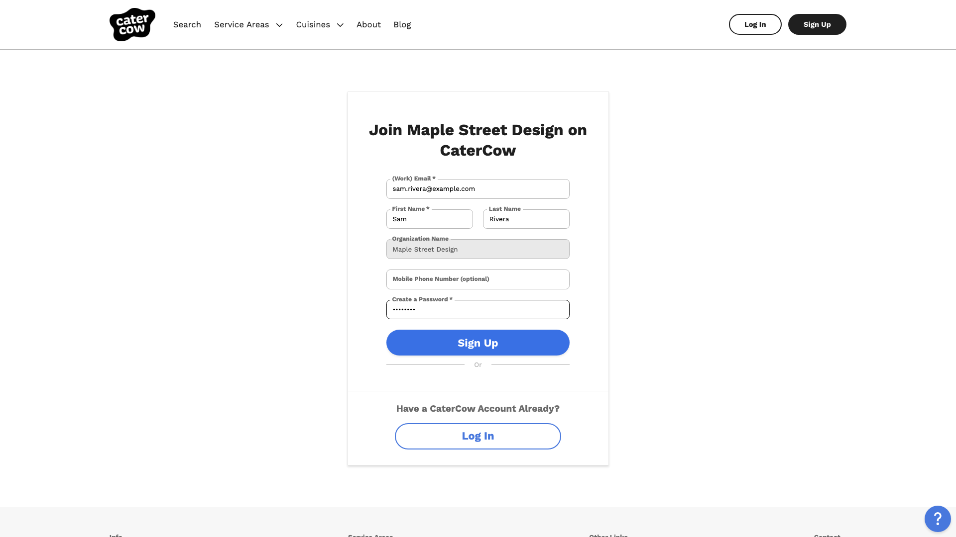 The sign-up form with an email and password entered, the name filled in, and the organization name grayed out
