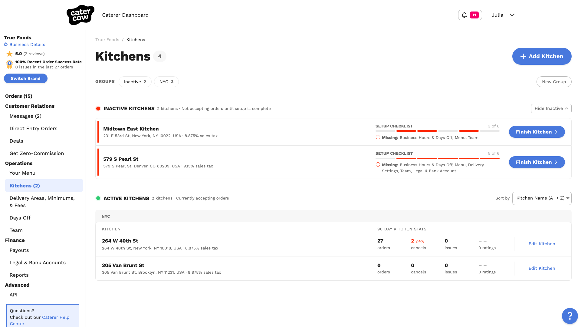 An inactive kitchen’s row on the Kitchens page, listing the missing steps Business Hours & Days Off, Menu, and Team