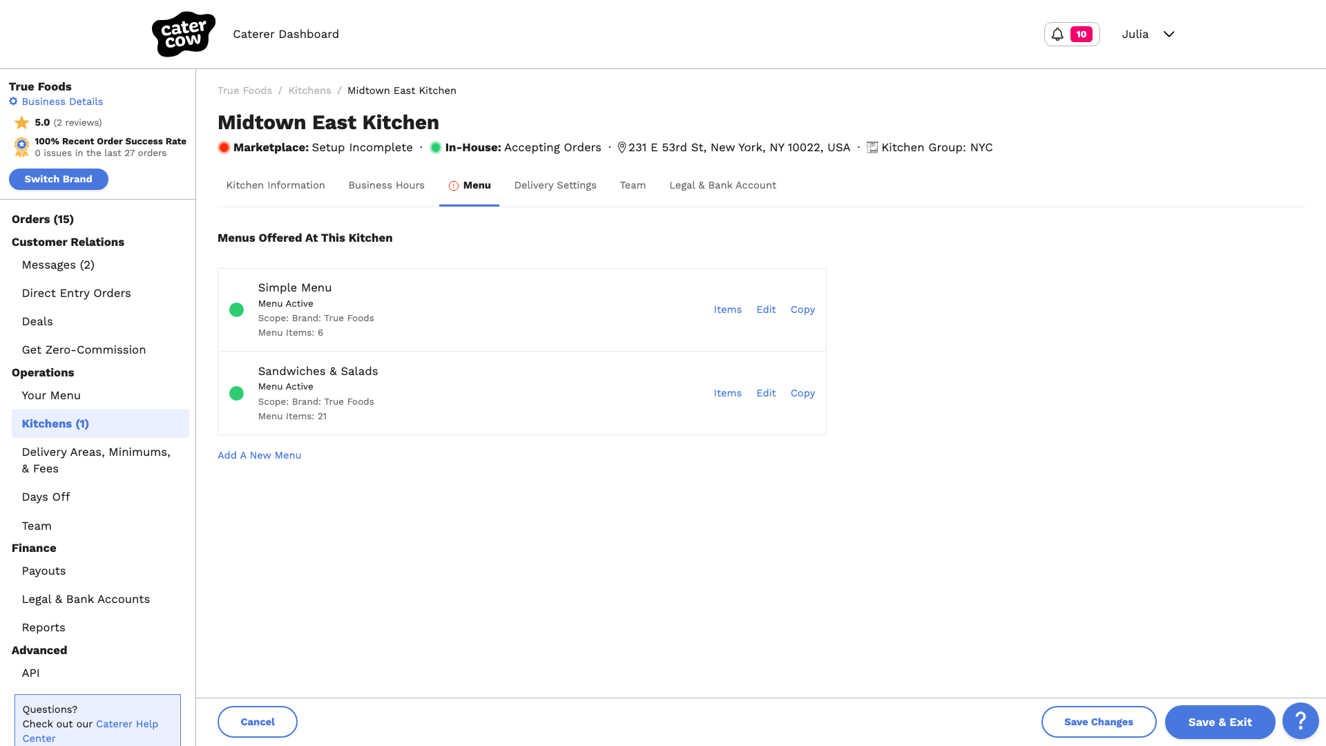 The kitchen’s page with Marketplace: Setup Incomplete and In-House: Accepting Orders at the top