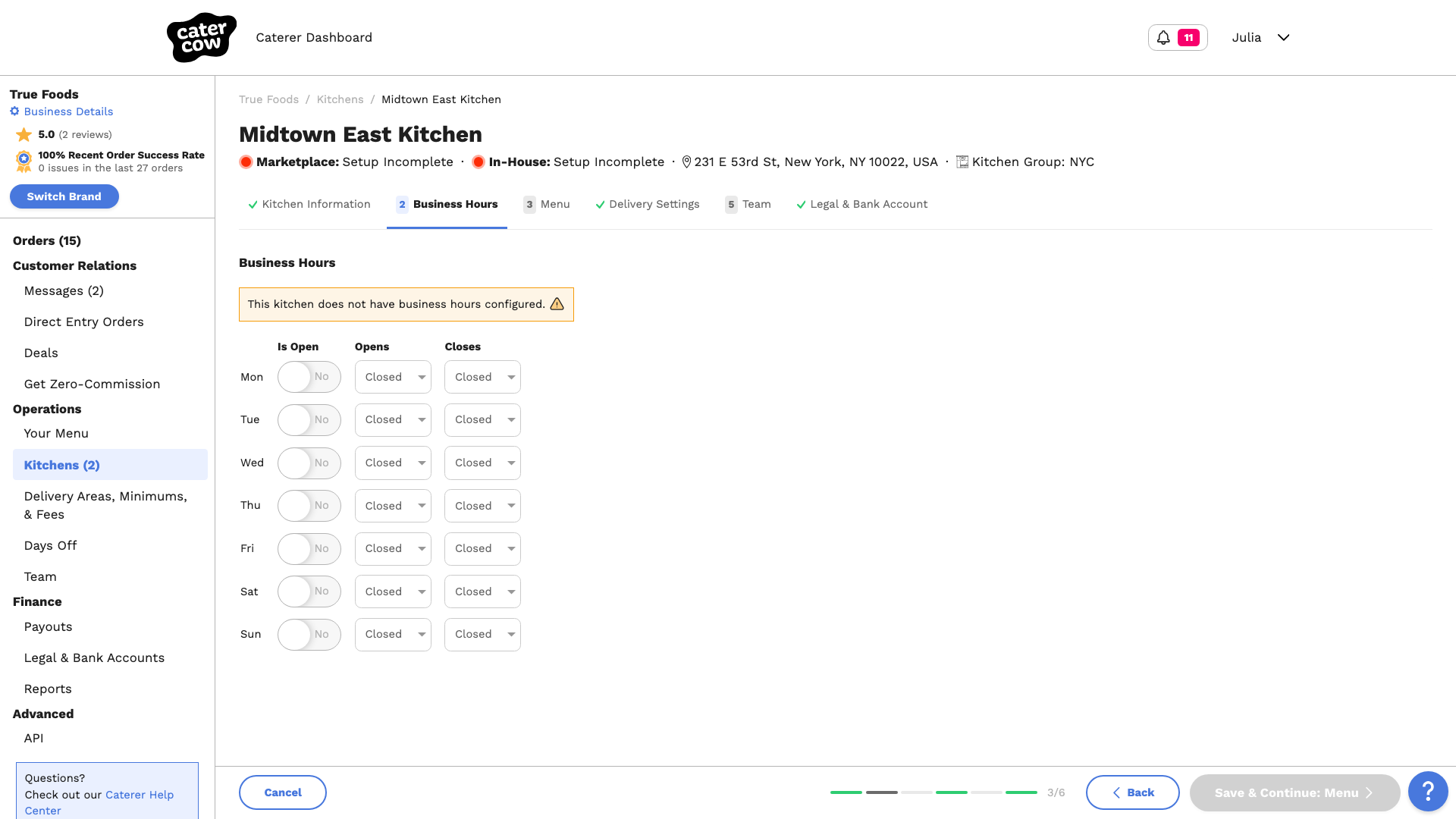 The kitchen’s page with Marketplace: Setup Incomplete and In-House: Setup Incomplete at the top