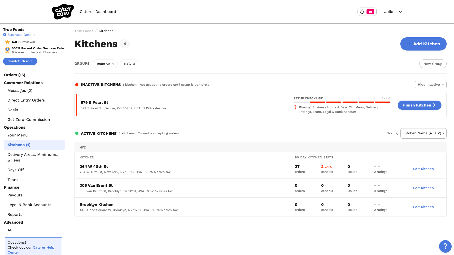 The Kitchens page with Brooklyn Kitchen listed under Active Kitchens in the NYC group