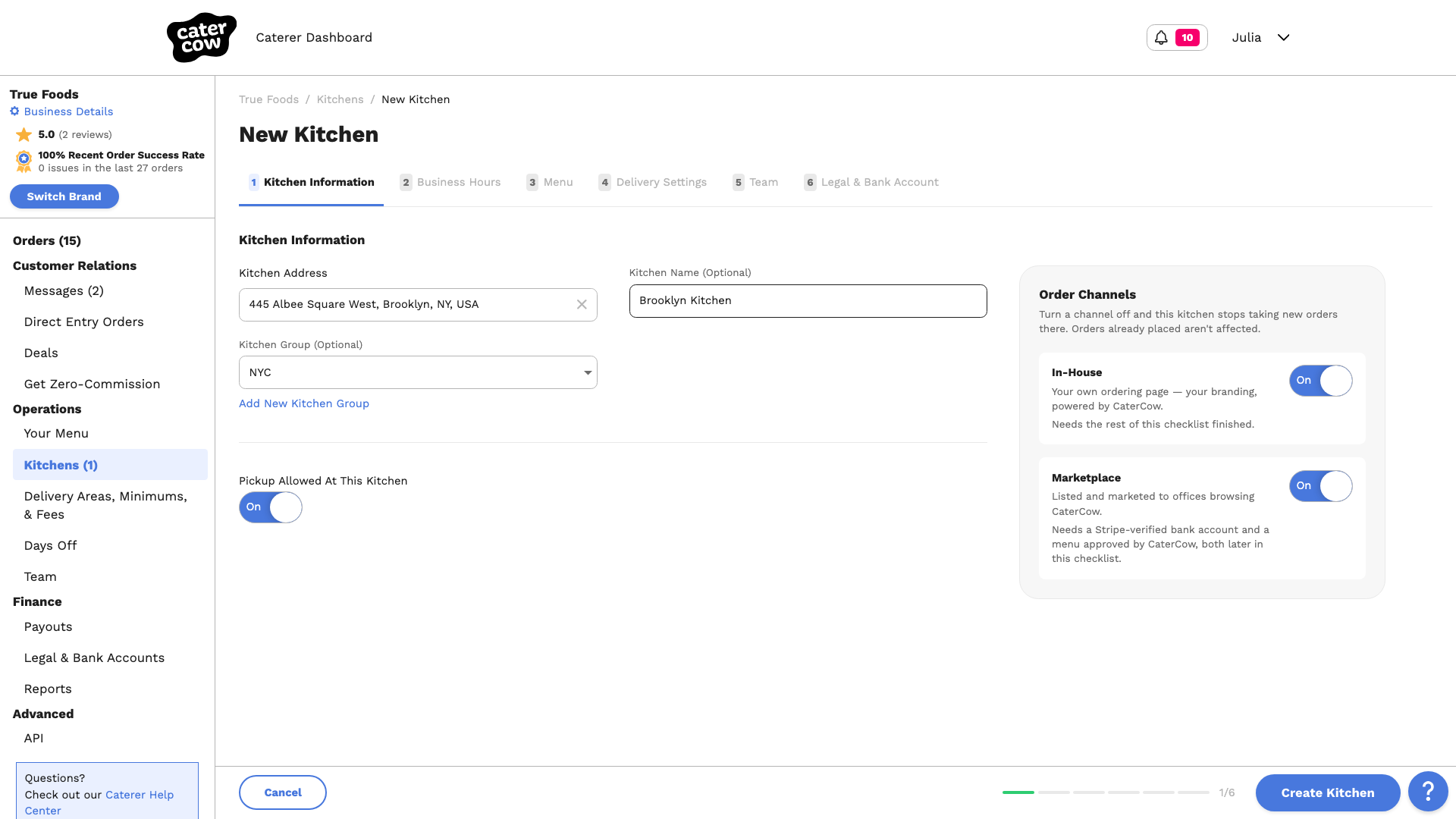 The New Kitchen form with an address, a kitchen name, the NYC kitchen group, and both order channels on