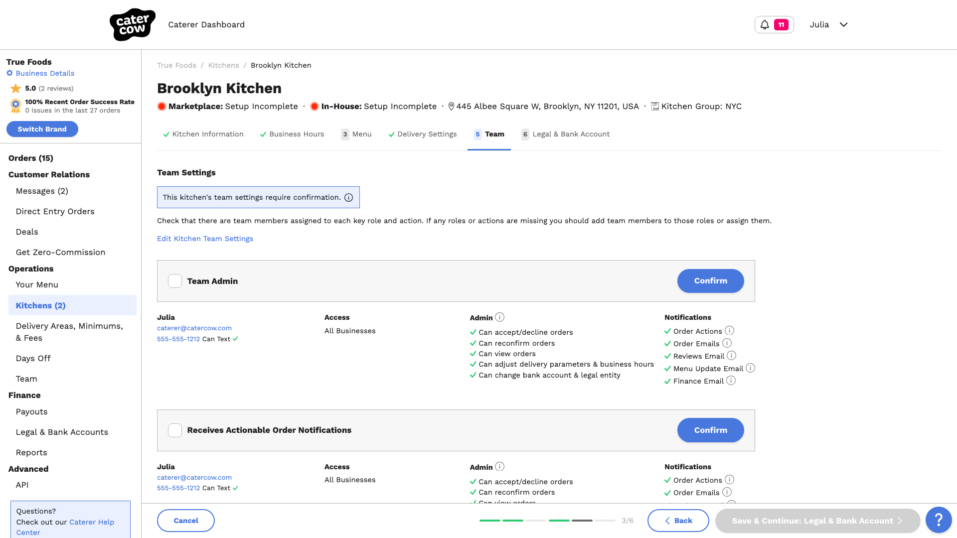 The Team step with a Confirm button beside each of the three roles