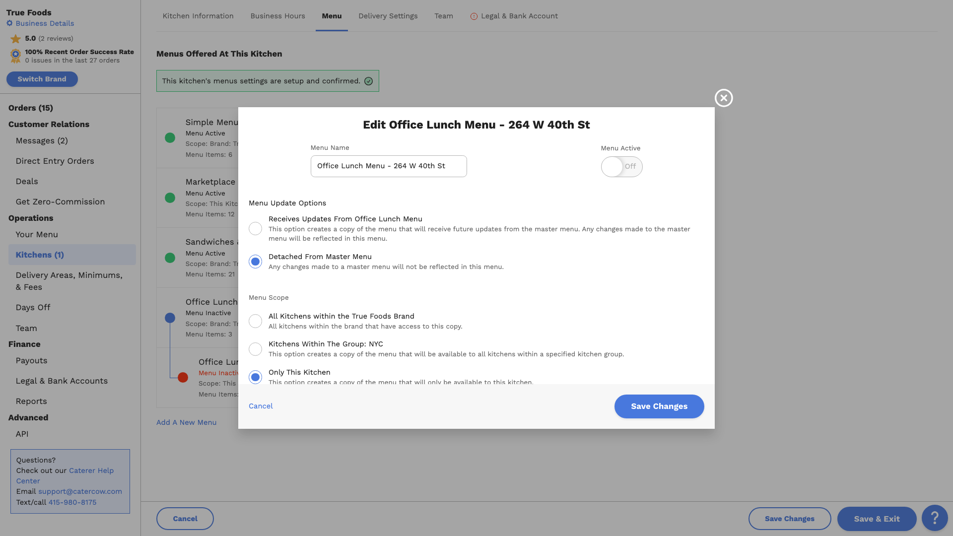 The edit window with Detached From Master Menu selected